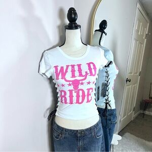NWT Love dazed white cowboy western graphic lace up crop top